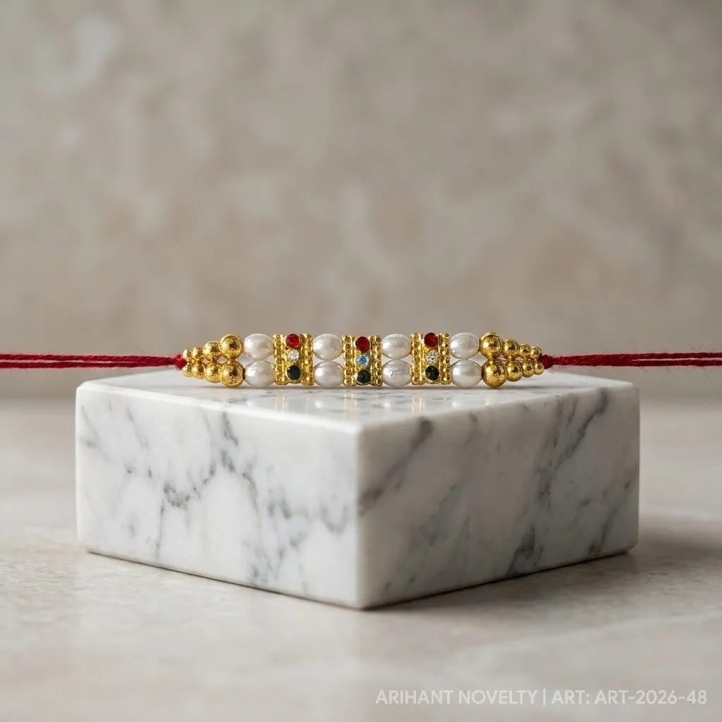 Multi-Gem Pearl Strand Rakhi – handmade Traditional rakhi from Bikaner by Arihant Novelty