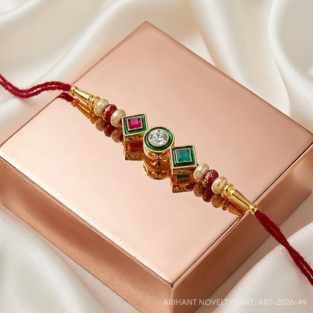 Three Gem Geometric Pearl – handmade Kundan rakhi from Bikaner by Arihant Novelty