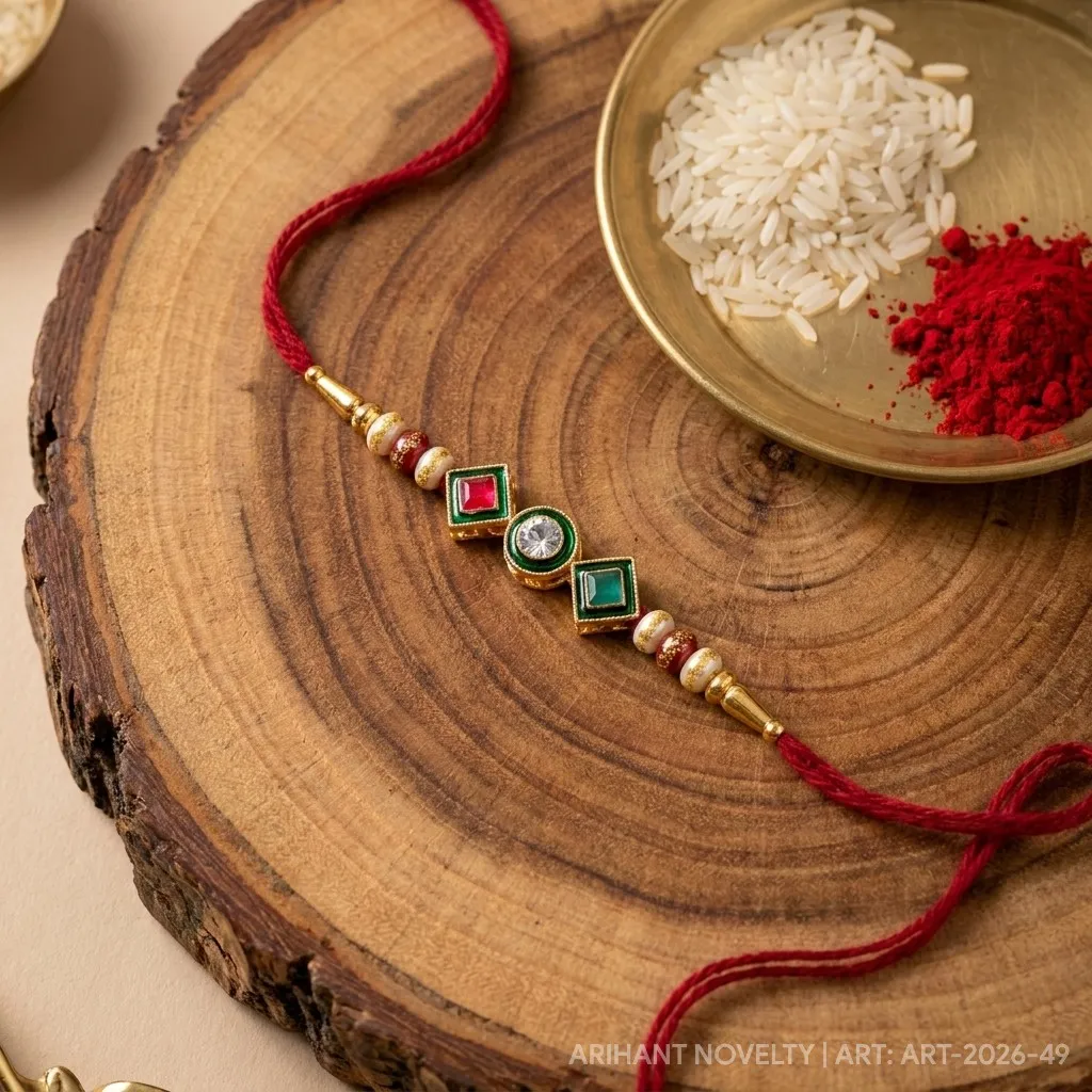 Three Gem Geometric Pearl – handmade Kundan rakhi from Bikaner by Arihant Novelty