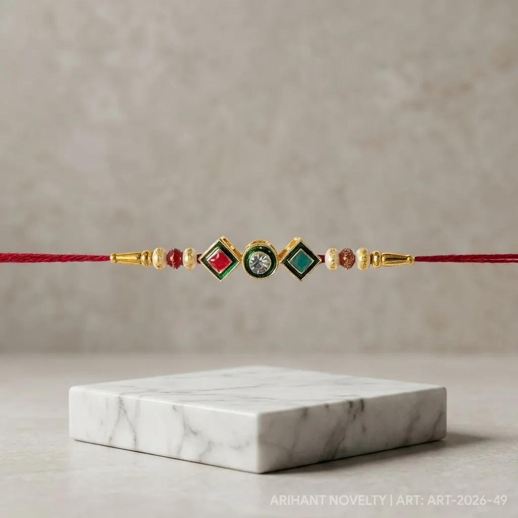 Three Gem Geometric Pearl – handmade Kundan rakhi from Bikaner by Arihant Novelty