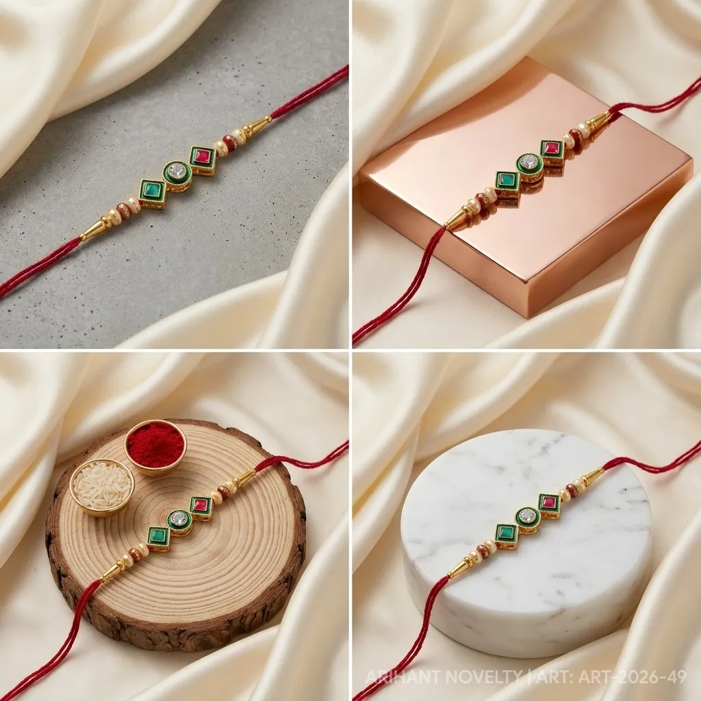 Three Gem Geometric Pearl – handmade Kundan rakhi from Bikaner by Arihant Novelty