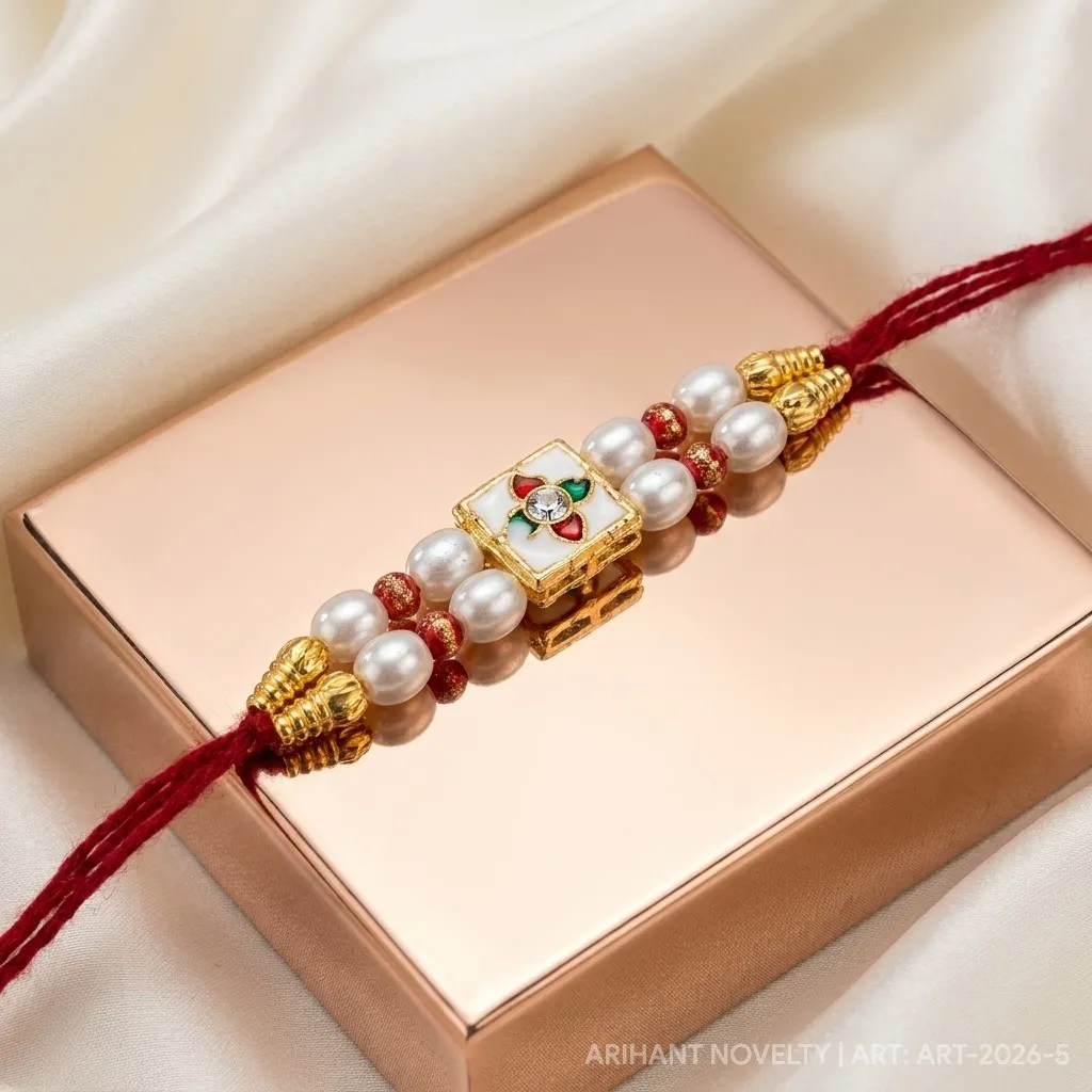 Pearl & Kundan Square Rakhi – handmade Kundan rakhi from Bikaner by Arihant Novelty