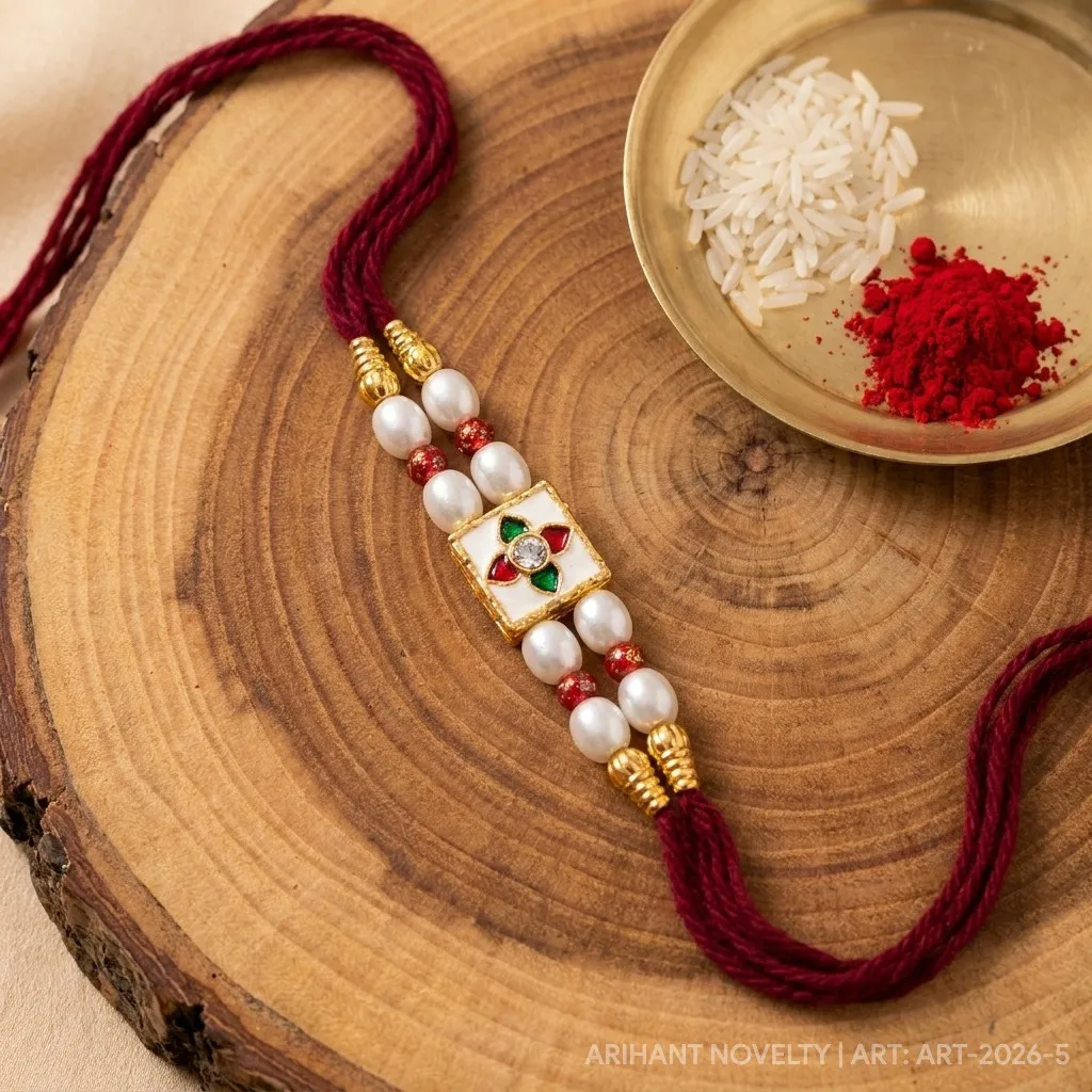 Pearl & Kundan Square Rakhi – handmade Kundan rakhi from Bikaner by Arihant Novelty