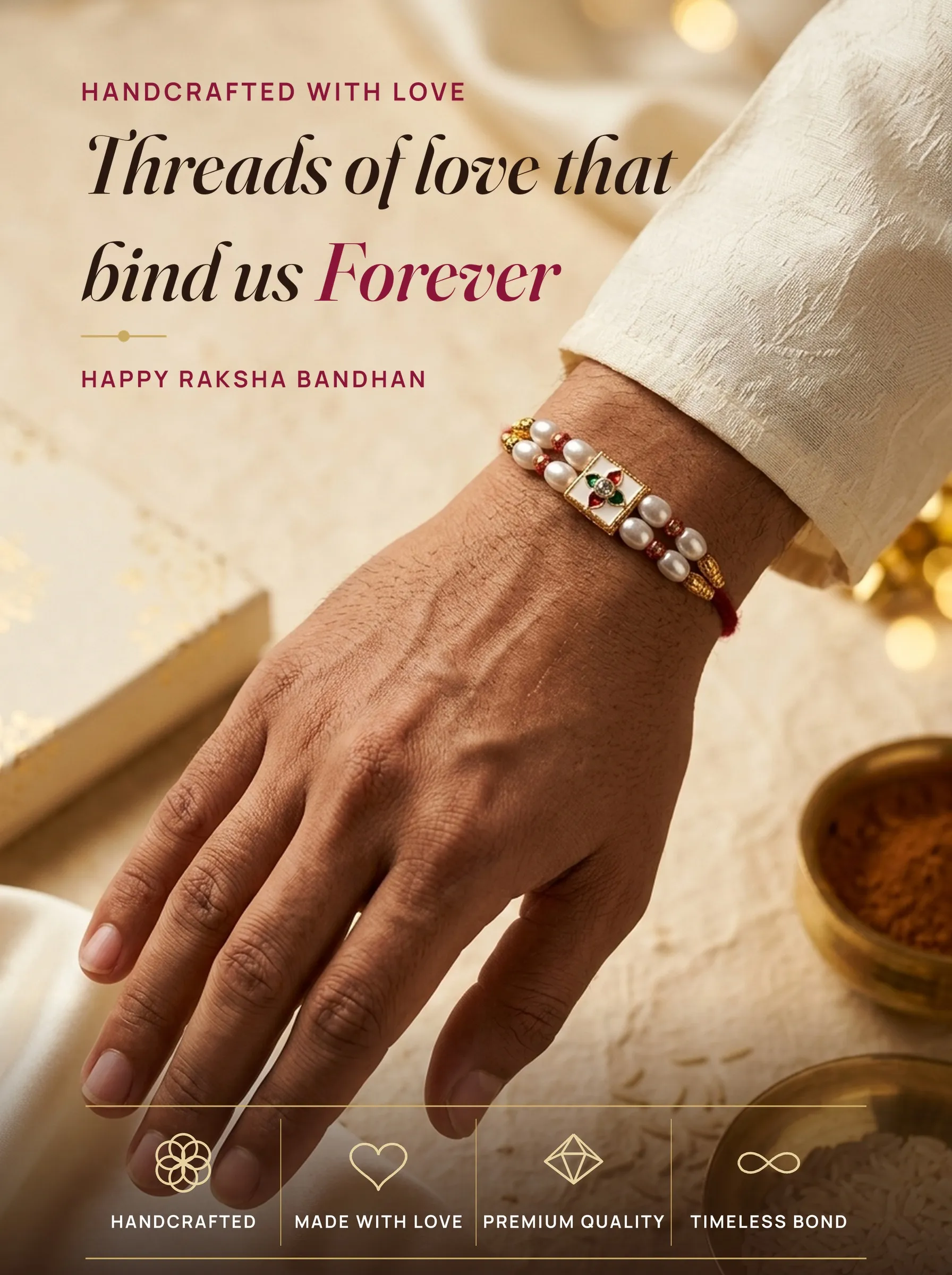 Pearl & Kundan Square Rakhi – handmade Kundan rakhi from Bikaner by Arihant Novelty
