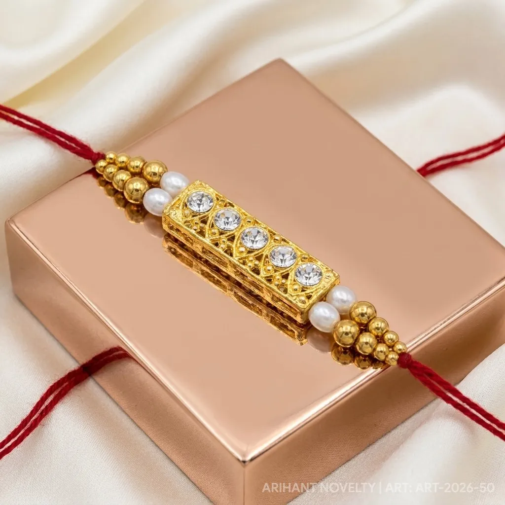 CZ Bar Filigree Pearl Rakhi – handmade Kundan rakhi from Bikaner by Arihant Novelty