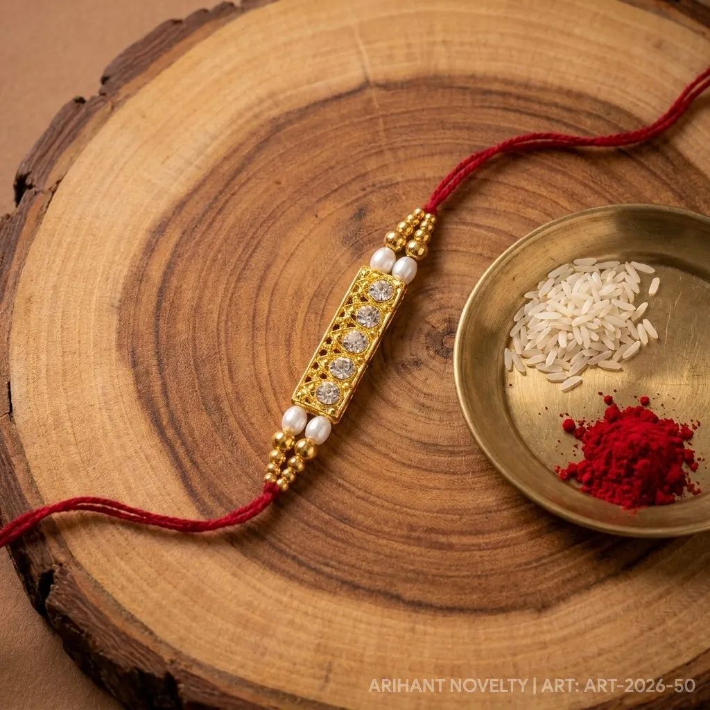 CZ Bar Filigree Pearl Rakhi – handmade Kundan rakhi from Bikaner by Arihant Novelty