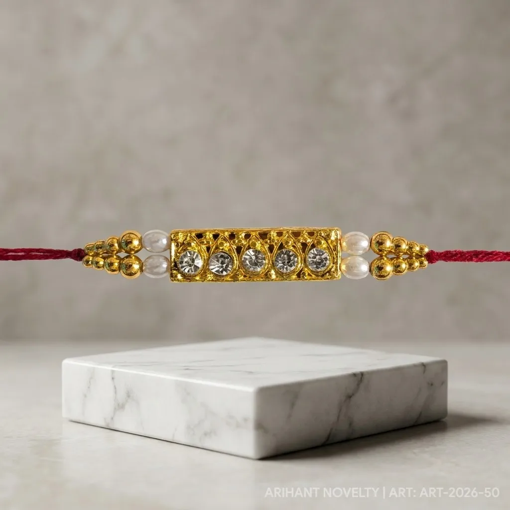 CZ Bar Filigree Pearl Rakhi – handmade Kundan rakhi from Bikaner by Arihant Novelty