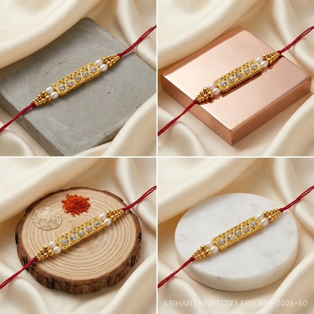 CZ Bar Filigree Pearl Rakhi – handmade Kundan rakhi from Bikaner by Arihant Novelty