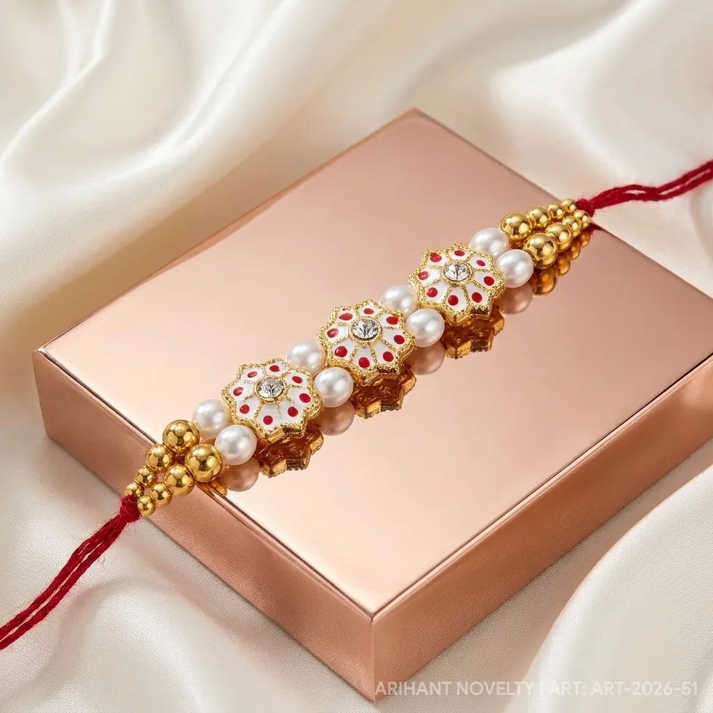 Triple Star Meenakari Pearl – handmade Meenakari rakhi from Bikaner by Arihant Novelty