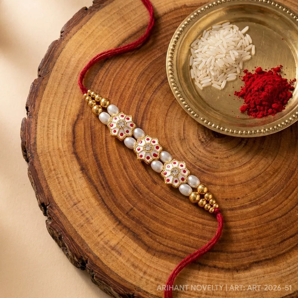 Triple Star Meenakari Pearl – handmade Meenakari rakhi from Bikaner by Arihant Novelty