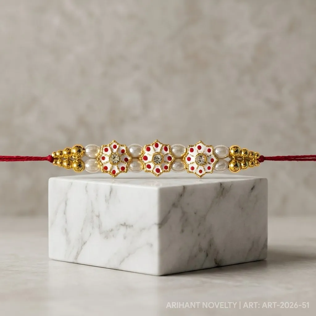 Triple Star Meenakari Pearl – handmade Meenakari rakhi from Bikaner by Arihant Novelty