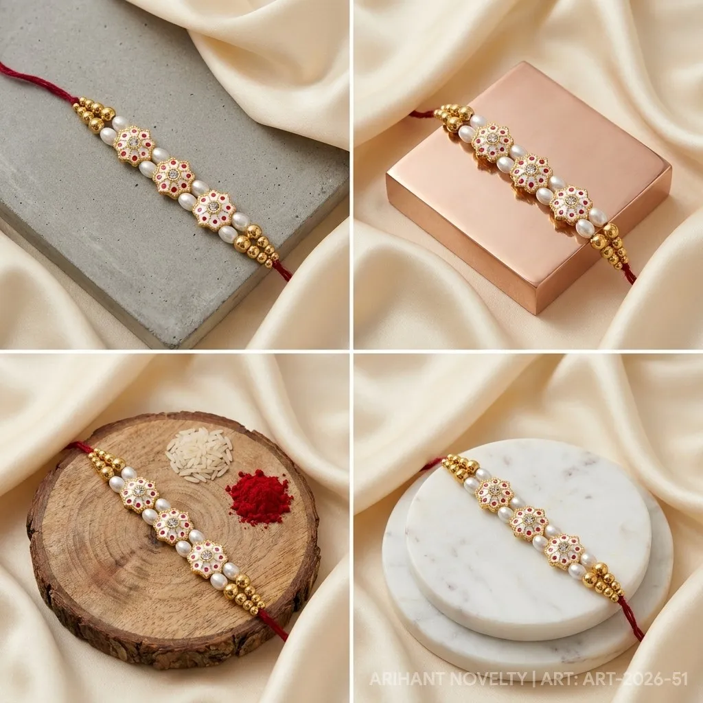 Triple Star Meenakari Pearl – handmade Meenakari rakhi from Bikaner by Arihant Novelty