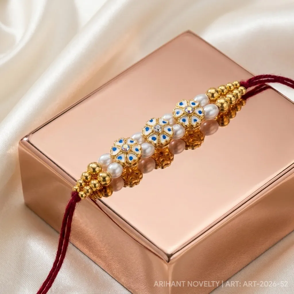 Blue Dot Bloom Pearl Trio – handmade Meenakari rakhi from Bikaner by Arihant Novelty
