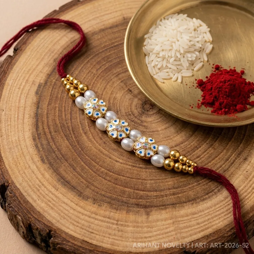 Blue Dot Bloom Pearl Trio – handmade Meenakari rakhi from Bikaner by Arihant Novelty