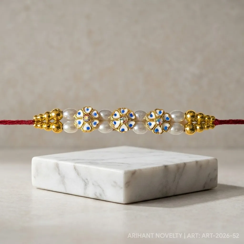 Blue Dot Bloom Pearl Trio – handmade Meenakari rakhi from Bikaner by Arihant Novelty