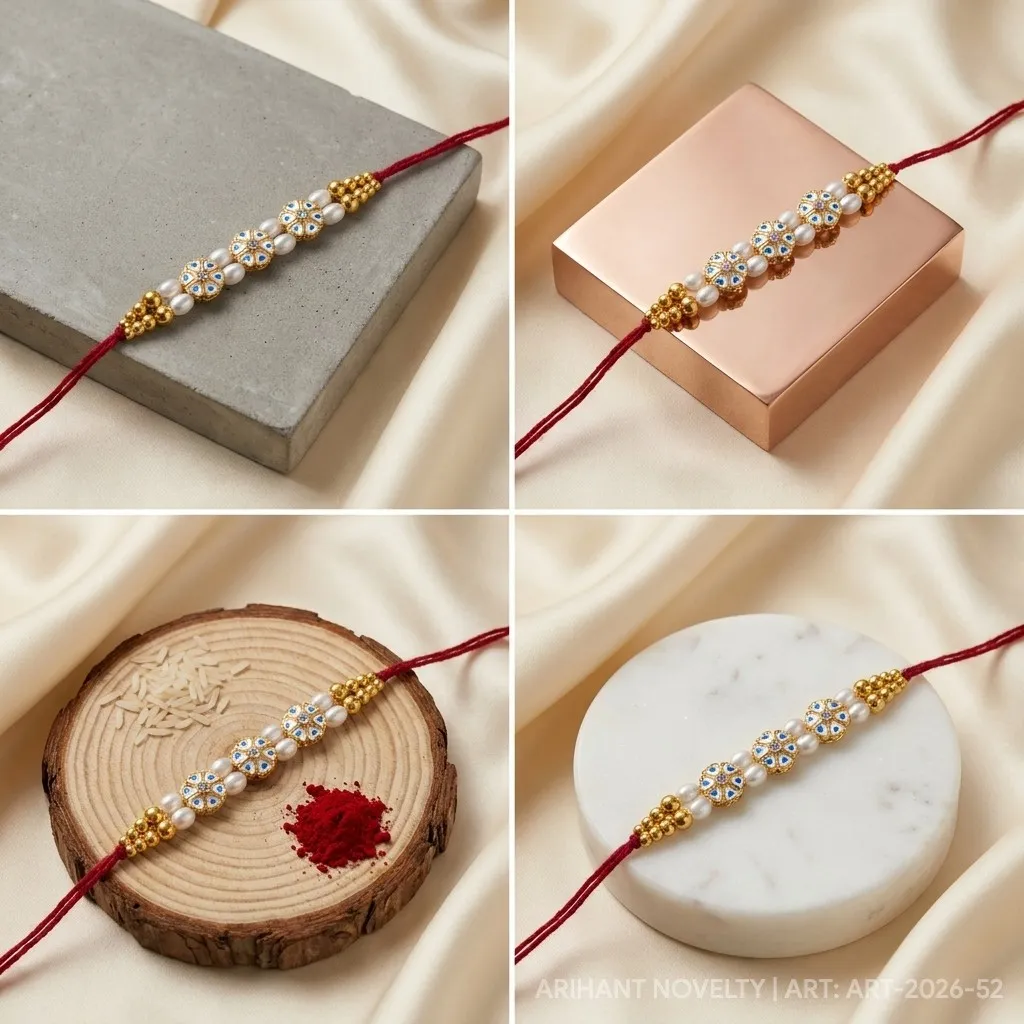 Blue Dot Bloom Pearl Trio – handmade Meenakari rakhi from Bikaner by Arihant Novelty