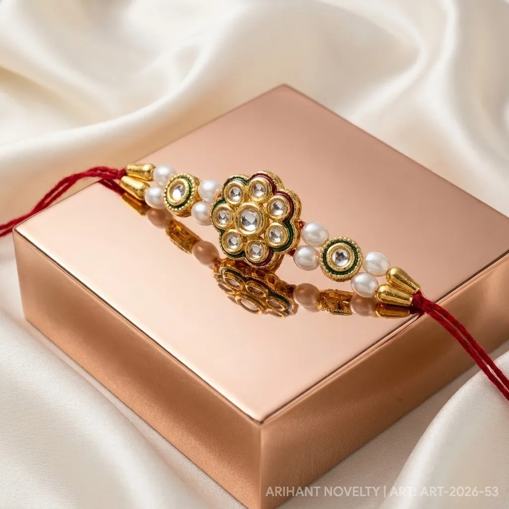 Kundan Flower Pearl Classic – handmade Kundan rakhi from Bikaner by Arihant Novelty