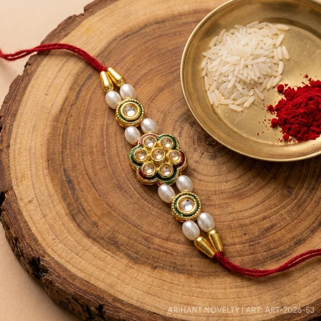 Kundan Flower Pearl Classic – handmade Kundan rakhi from Bikaner by Arihant Novelty