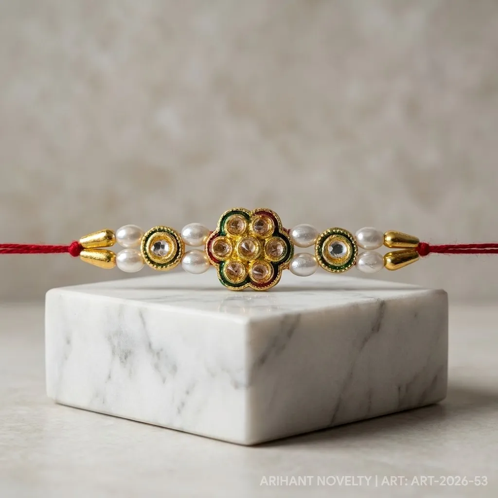 Kundan Flower Pearl Classic – handmade Kundan rakhi from Bikaner by Arihant Novelty