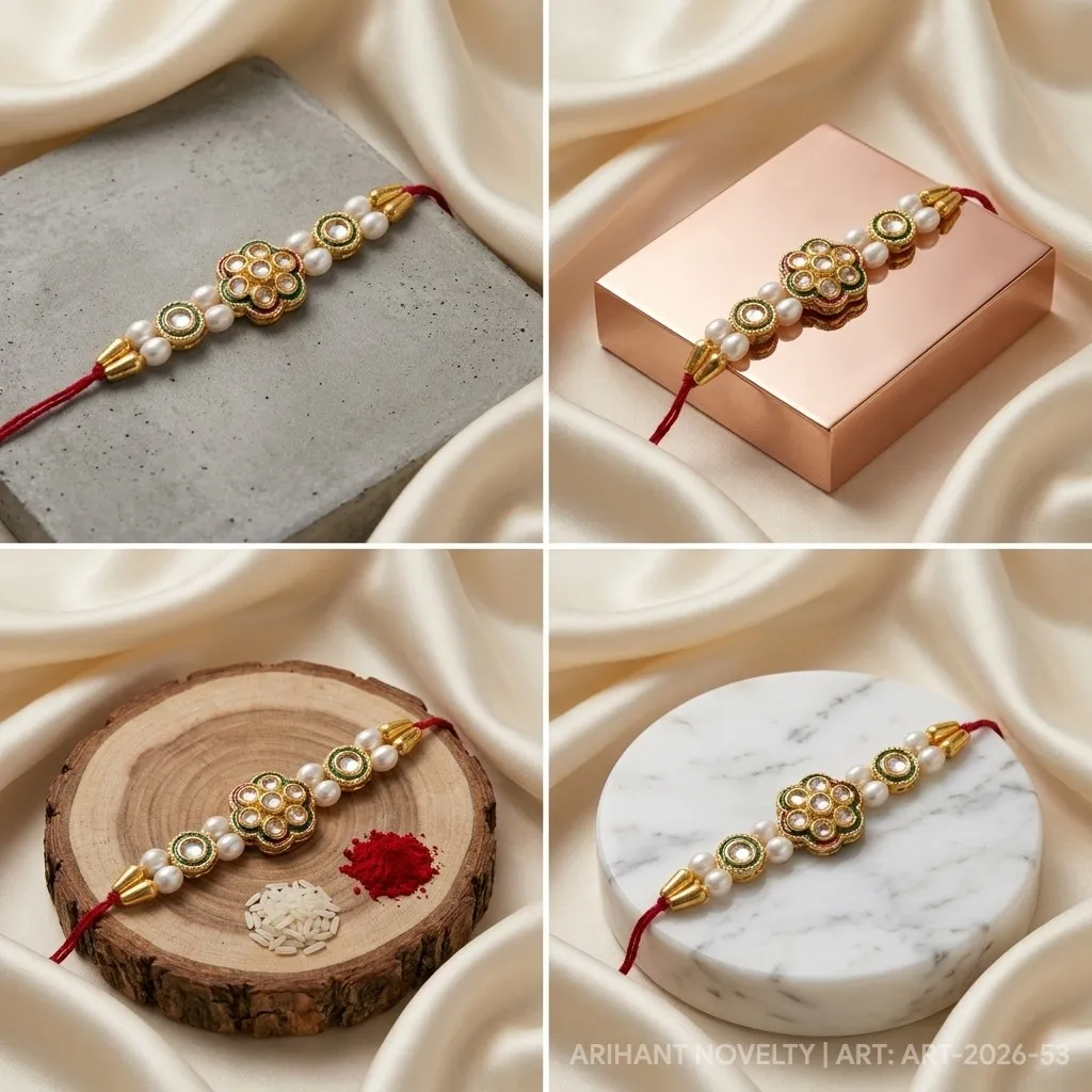 Kundan Flower Pearl Classic – handmade Kundan rakhi from Bikaner by Arihant Novelty