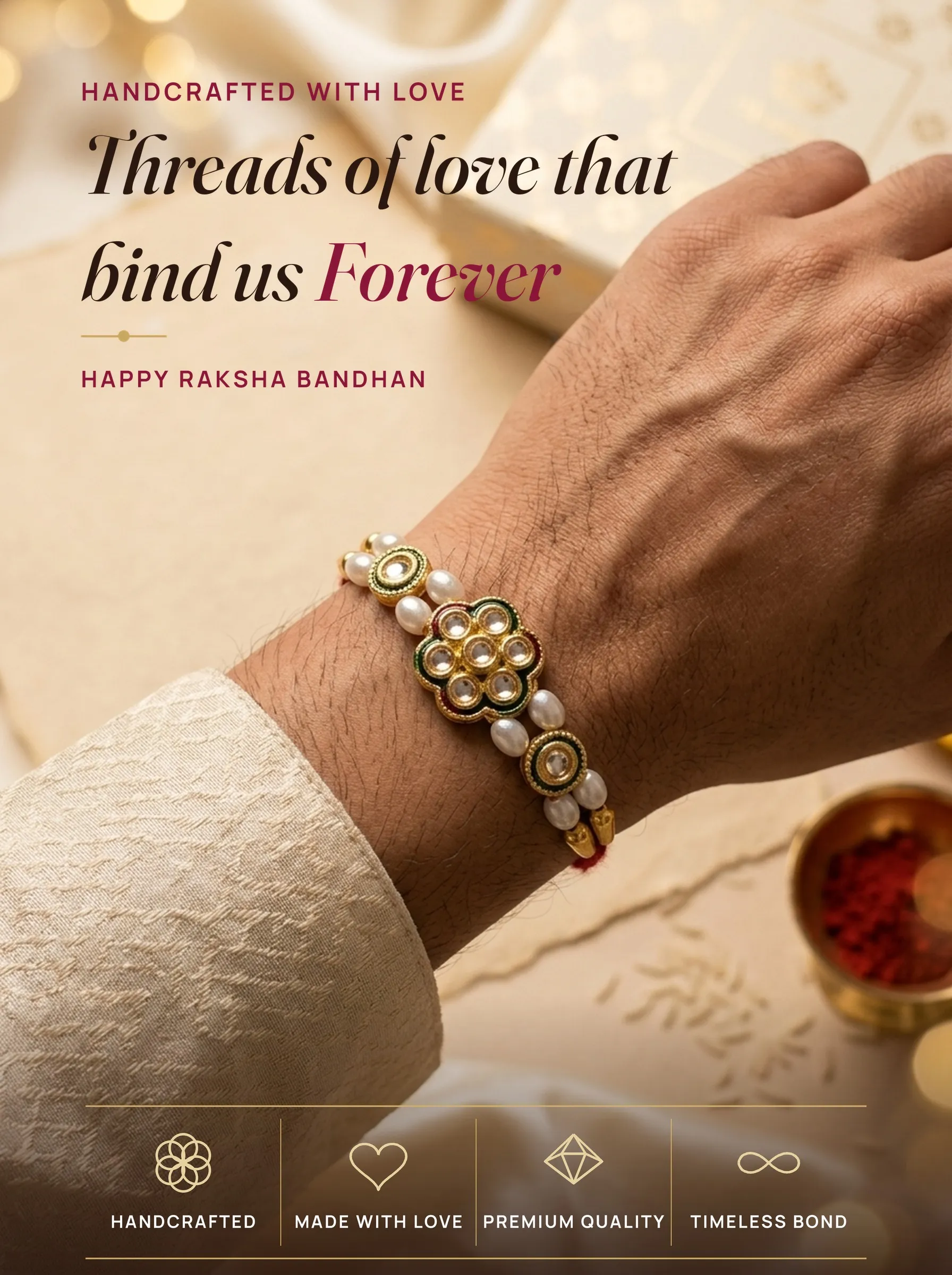 Kundan Flower Pearl Classic – handmade Kundan rakhi from Bikaner by Arihant Novelty