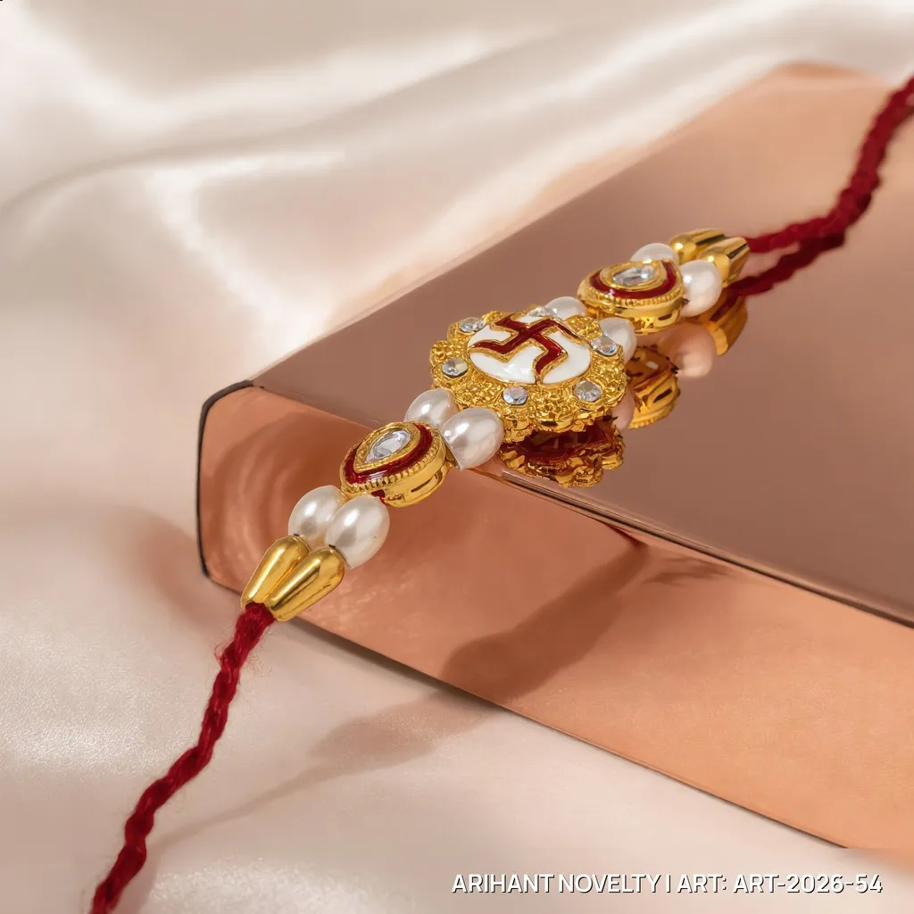 White Swastik Flower Medallion – handmade Traditional rakhi from Bikaner by Arihant Novelty
