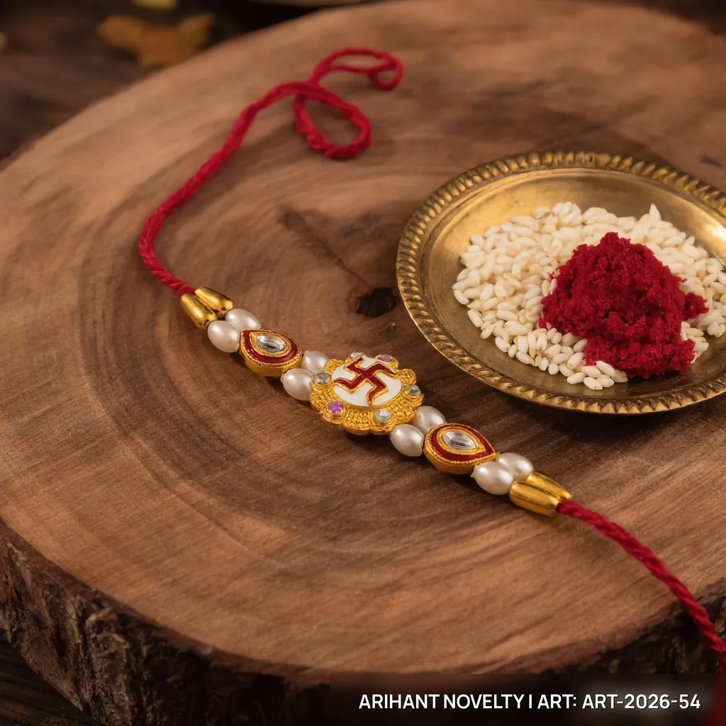 White Swastik Flower Medallion – handmade Traditional rakhi from Bikaner by Arihant Novelty