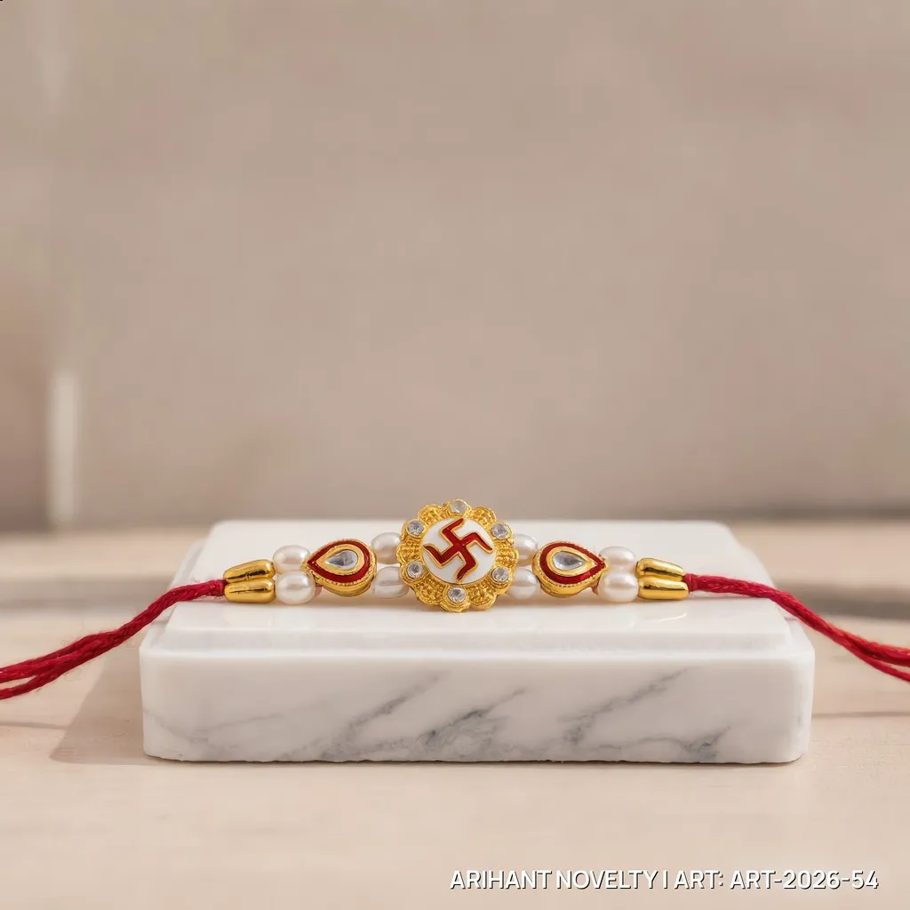 White Swastik Flower Medallion – handmade Traditional rakhi from Bikaner by Arihant Novelty
