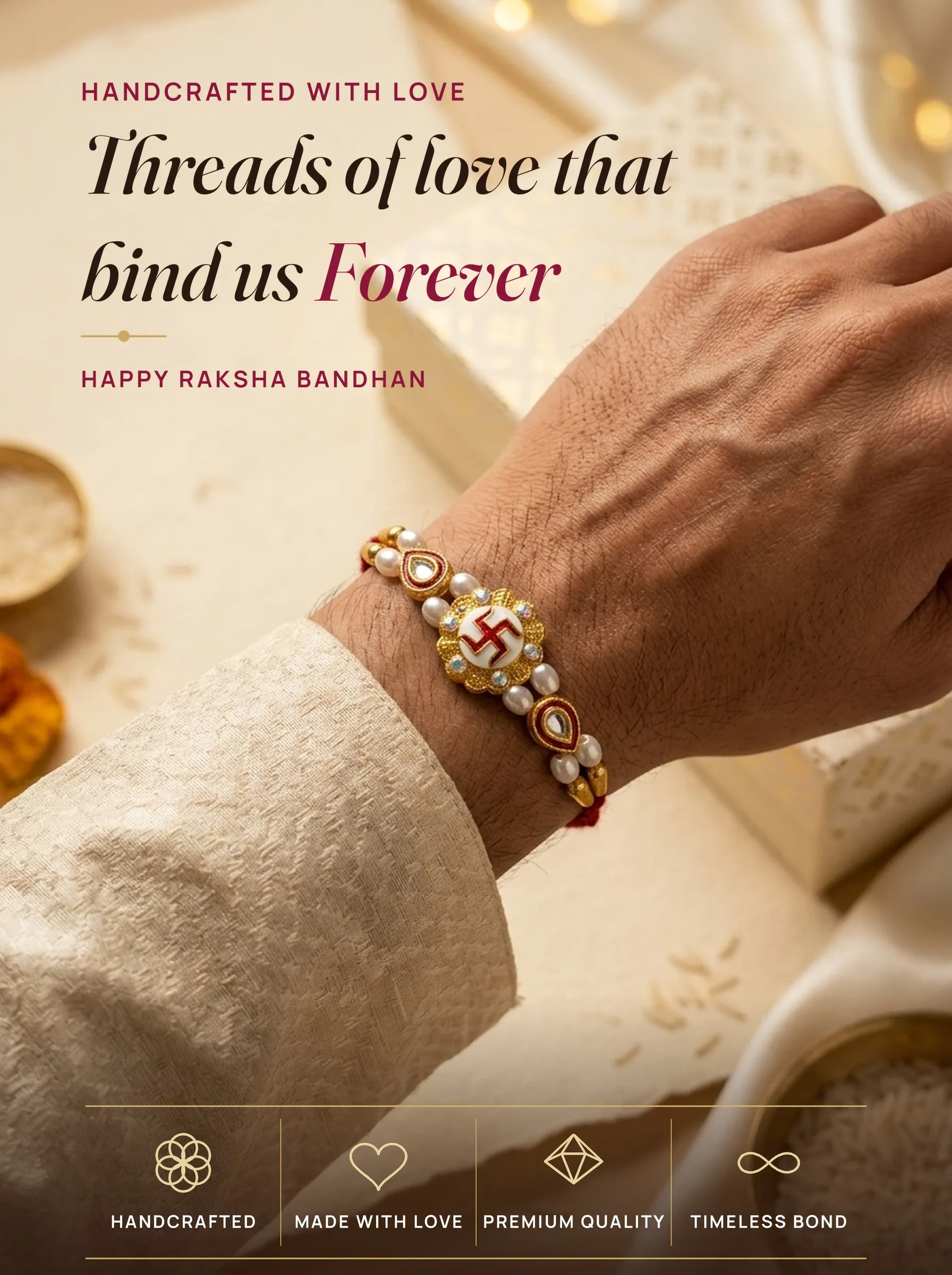 White Swastik Flower Medallion – handmade Traditional rakhi from Bikaner by Arihant Novelty