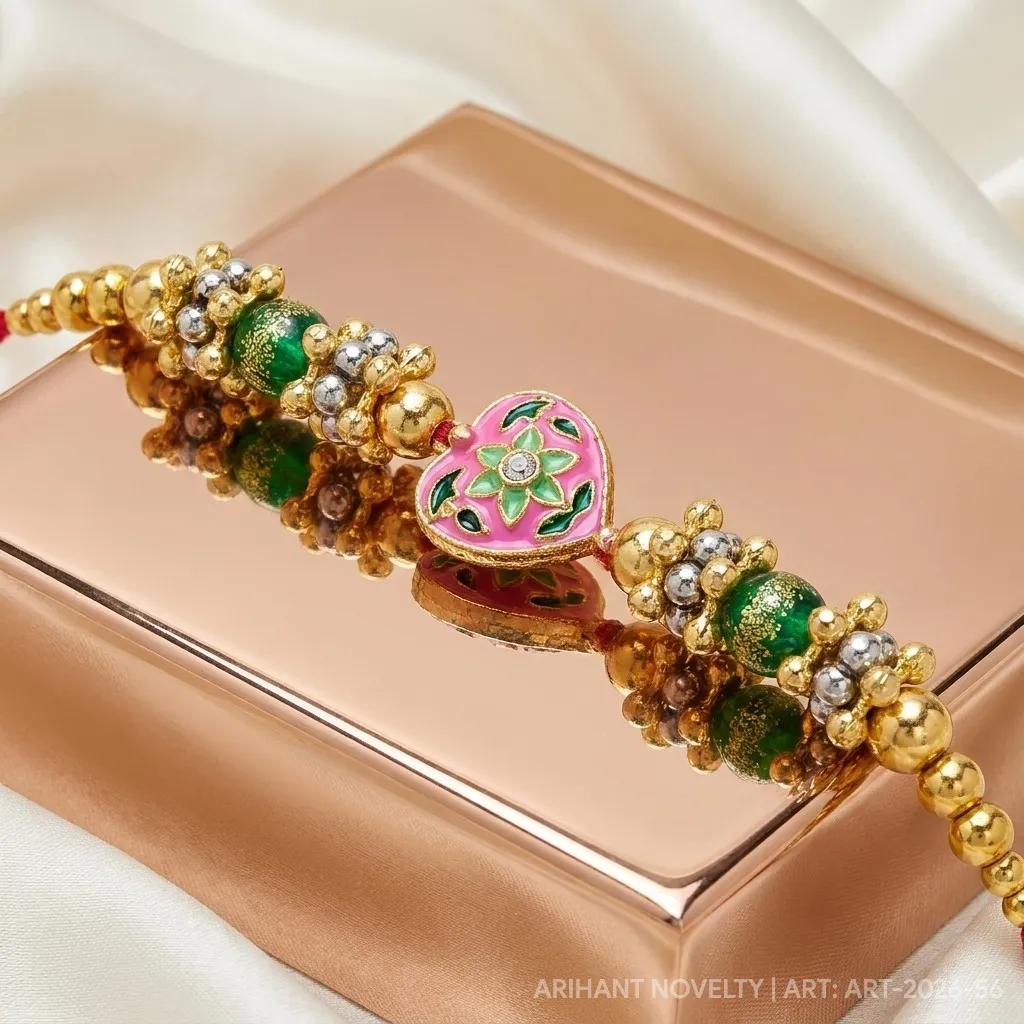 Pink Heart Meenakari Bead Rakhi – handmade Statement rakhi from Bikaner by Arihant Novelty