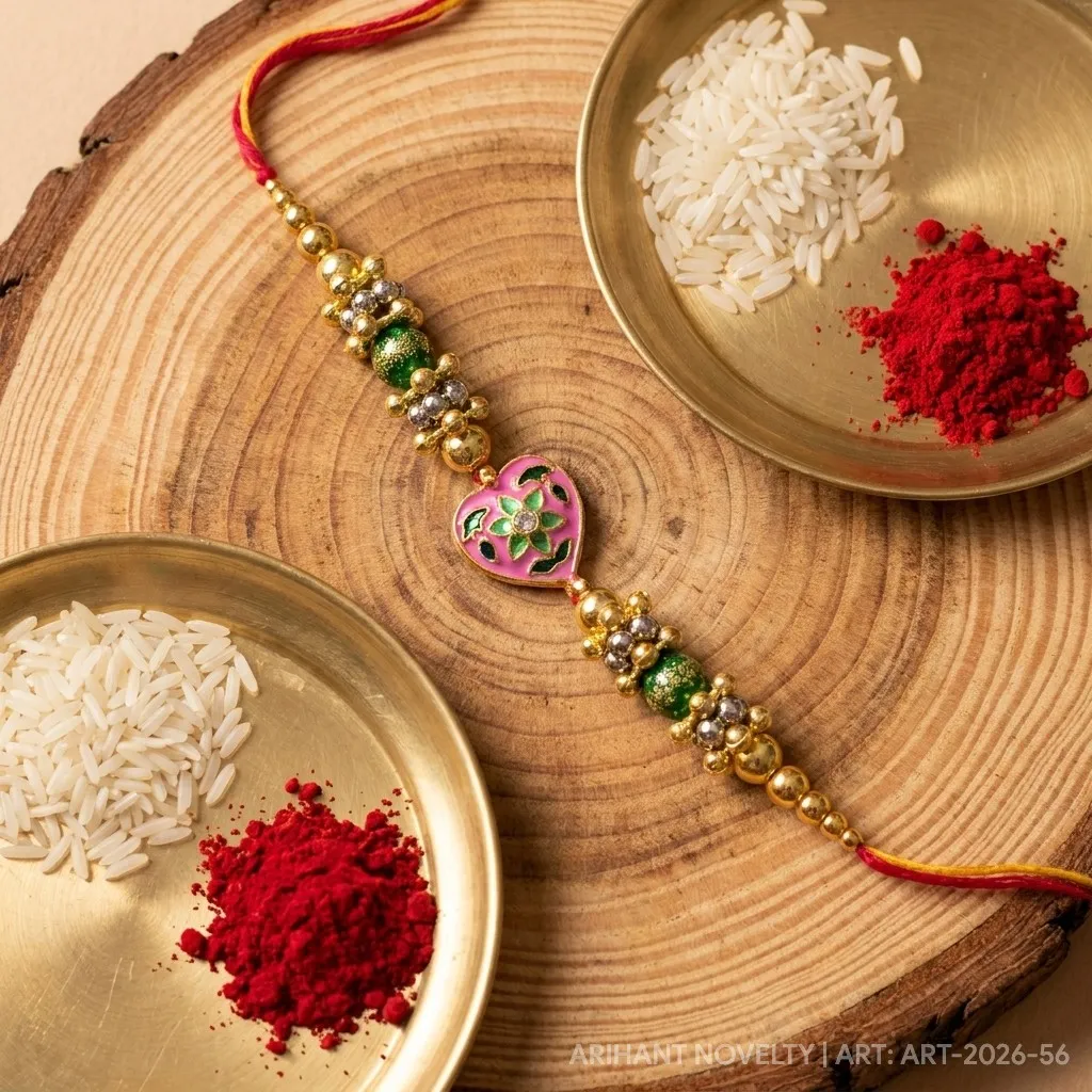 Pink Heart Meenakari Bead Rakhi – handmade Statement rakhi from Bikaner by Arihant Novelty