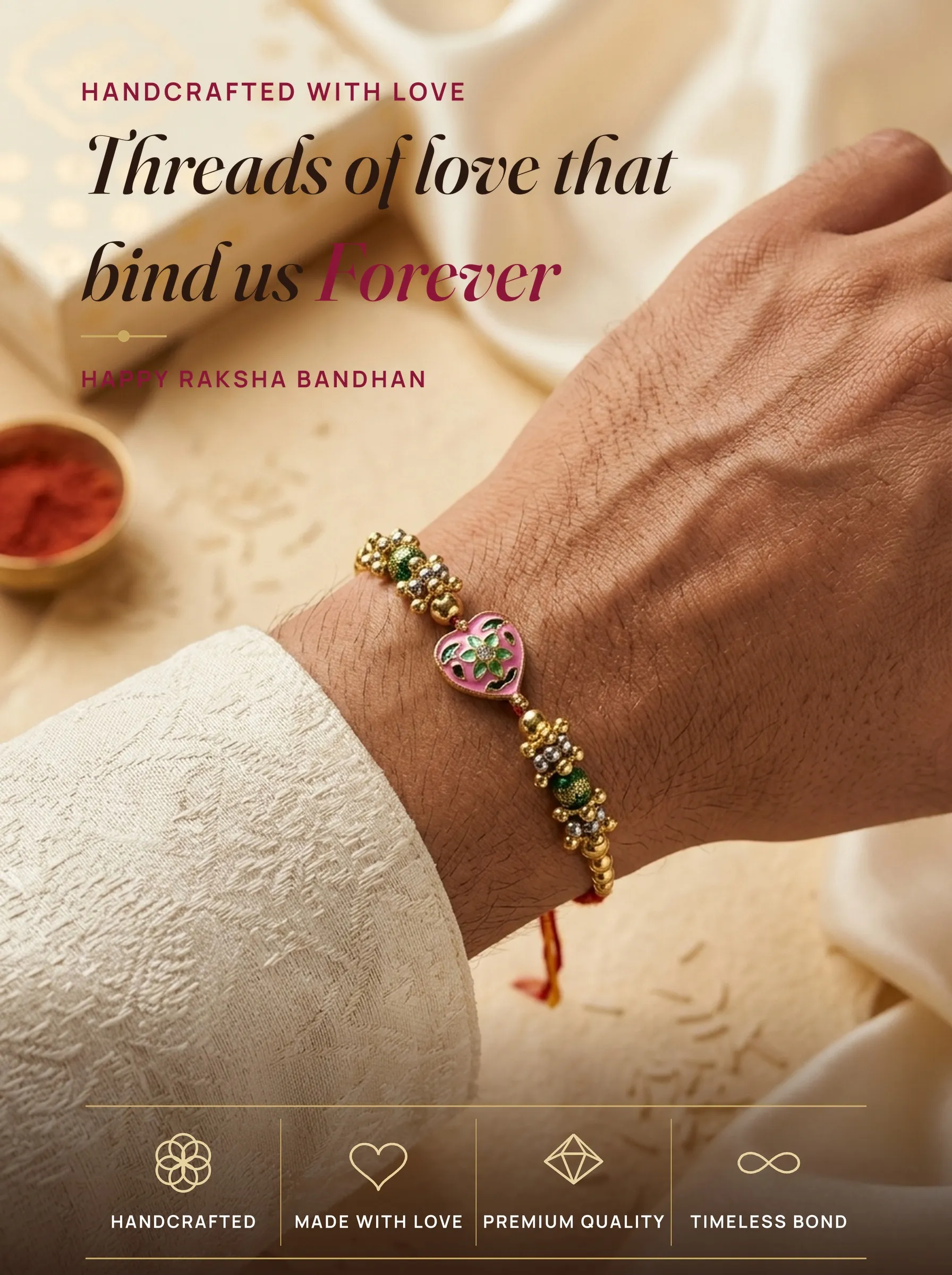 Pink Heart Meenakari Bead Rakhi – handmade Statement rakhi from Bikaner by Arihant Novelty
