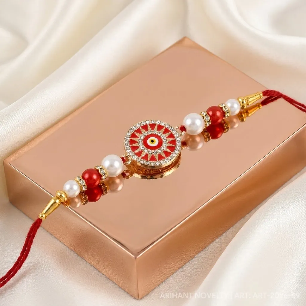 Red Mandala Nazar Pearl – handmade Evil Eye rakhi from Bikaner by Arihant Novelty