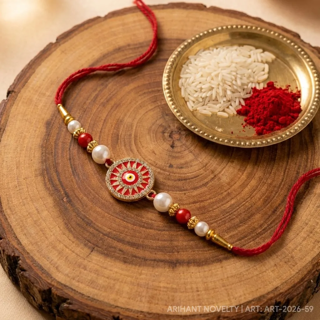 Red Mandala Nazar Pearl – handmade Evil Eye rakhi from Bikaner by Arihant Novelty