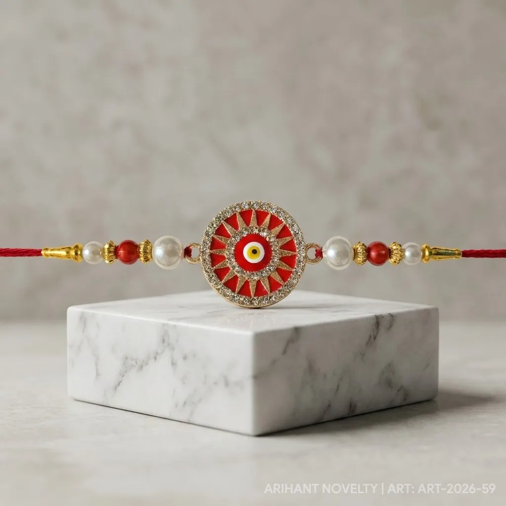 Red Mandala Nazar Pearl – handmade Evil Eye rakhi from Bikaner by Arihant Novelty