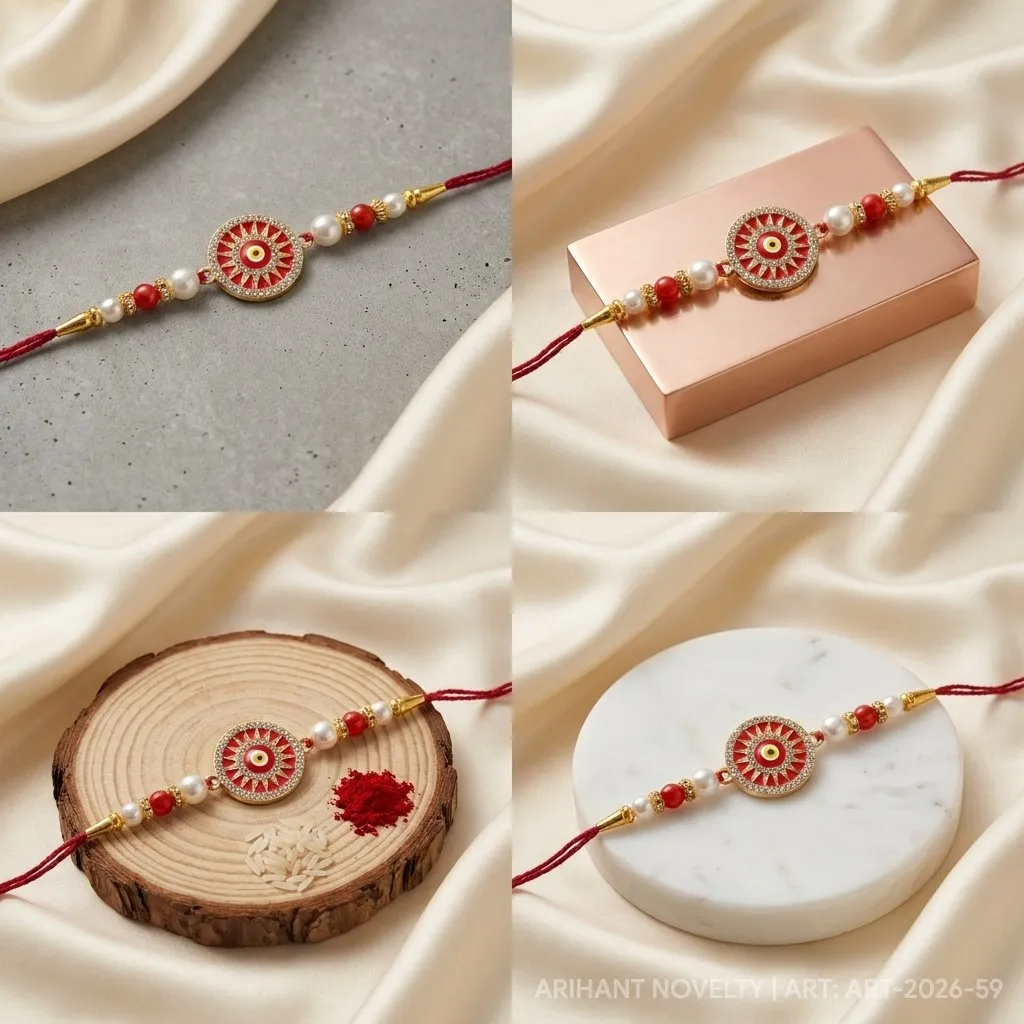Red Mandala Nazar Pearl – handmade Evil Eye rakhi from Bikaner by Arihant Novelty