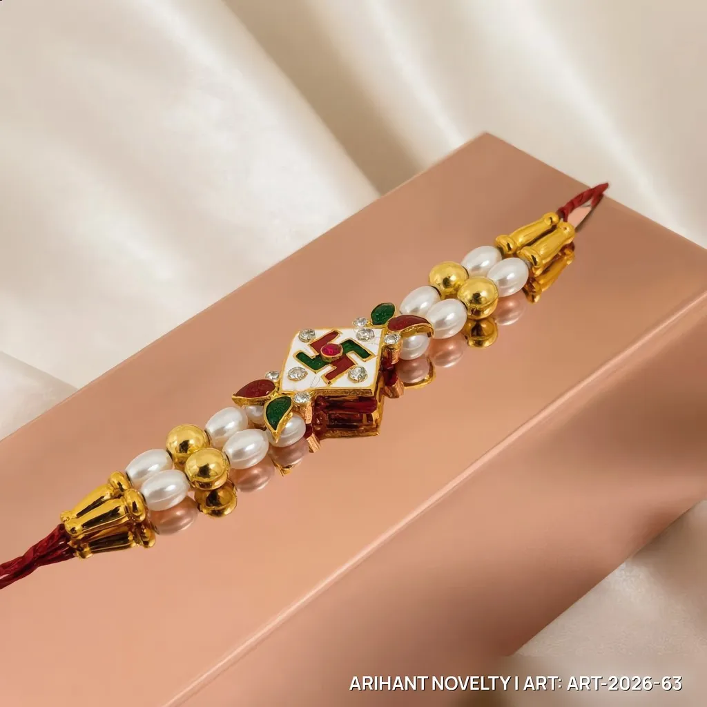Kundan Swastik Pearl Rakhi – handmade Traditional rakhi from Bikaner by Arihant Novelty
