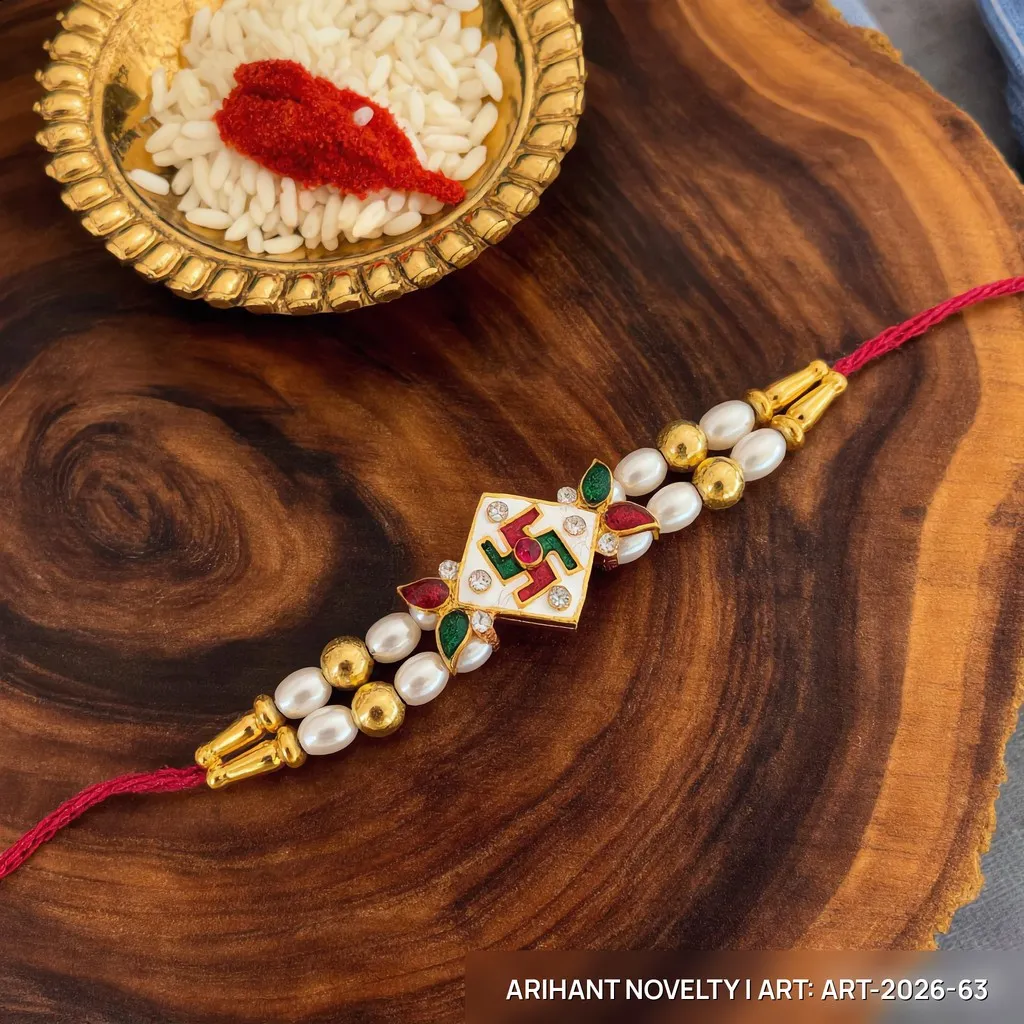 Kundan Swastik Pearl Rakhi – handmade Traditional rakhi from Bikaner by Arihant Novelty