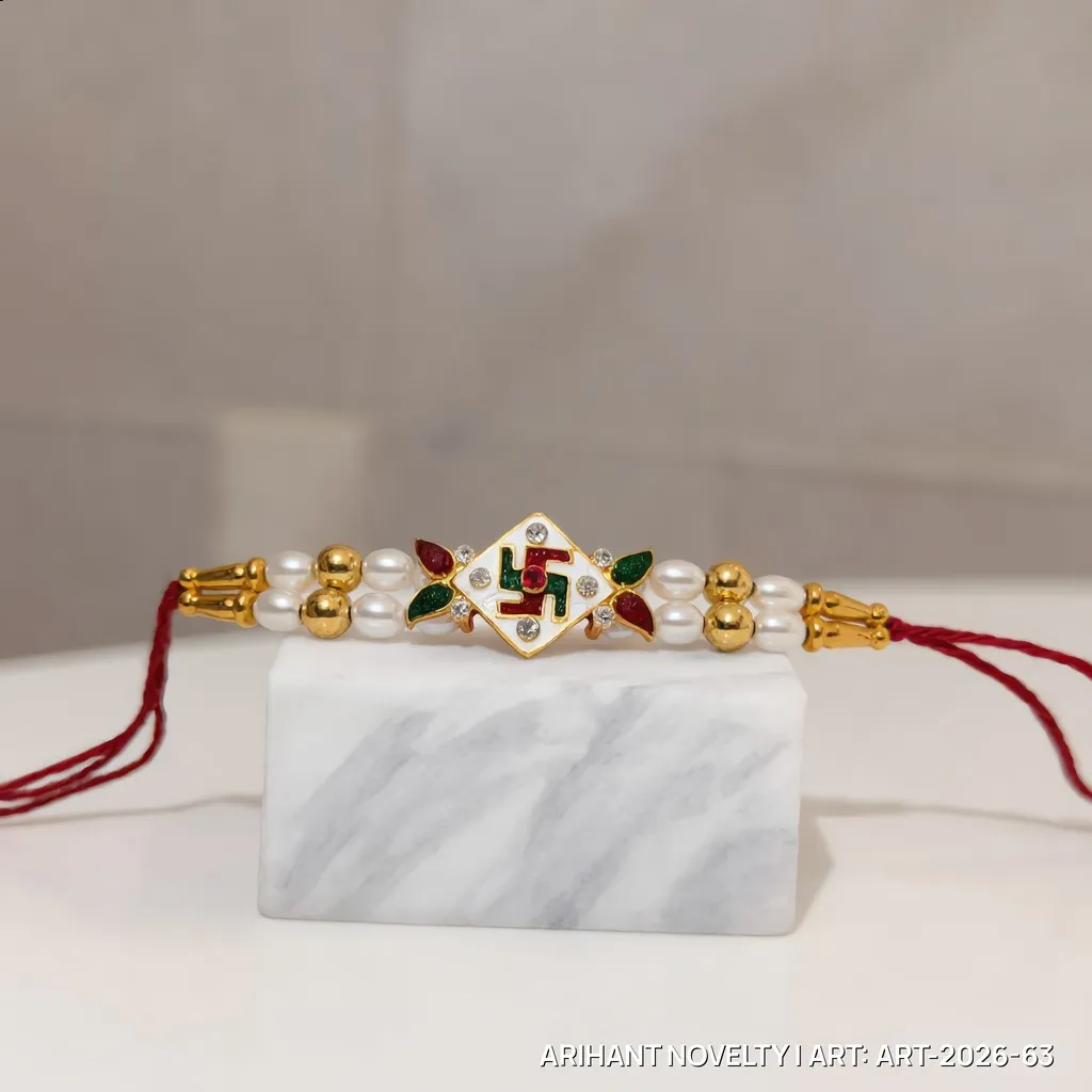 Kundan Swastik Pearl Rakhi – handmade Traditional rakhi from Bikaner by Arihant Novelty