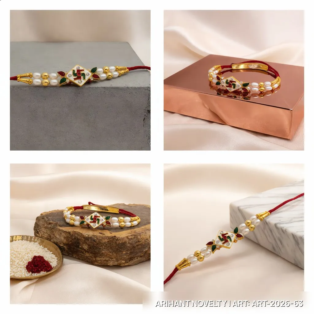 Kundan Swastik Pearl Rakhi – handmade Traditional rakhi from Bikaner by Arihant Novelty