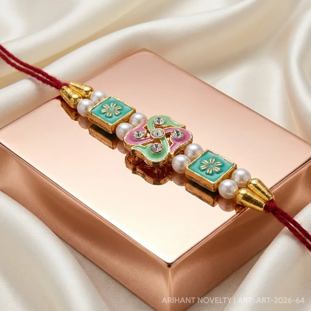 Teal OM Meenakari Pearl – handmade Traditional rakhi from Bikaner by Arihant Novelty