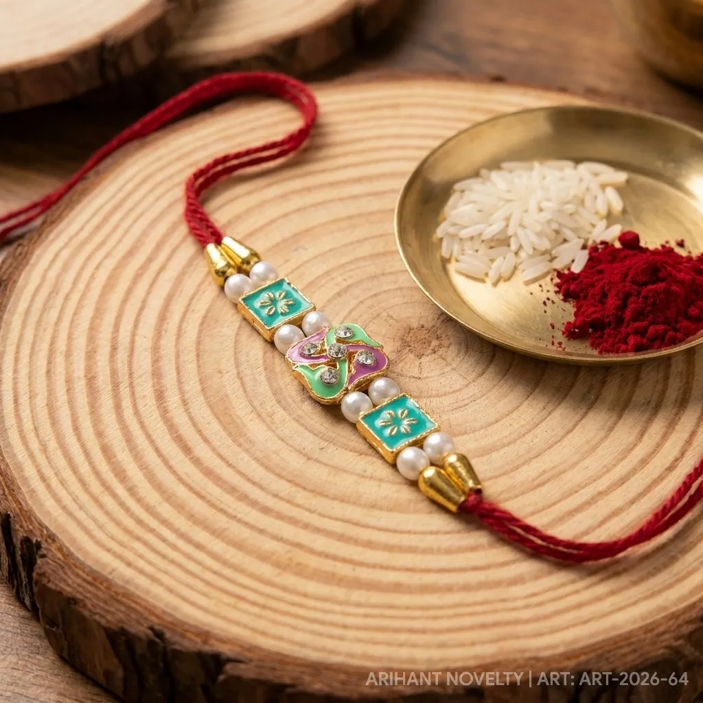 Teal OM Meenakari Pearl – handmade Traditional rakhi from Bikaner by Arihant Novelty