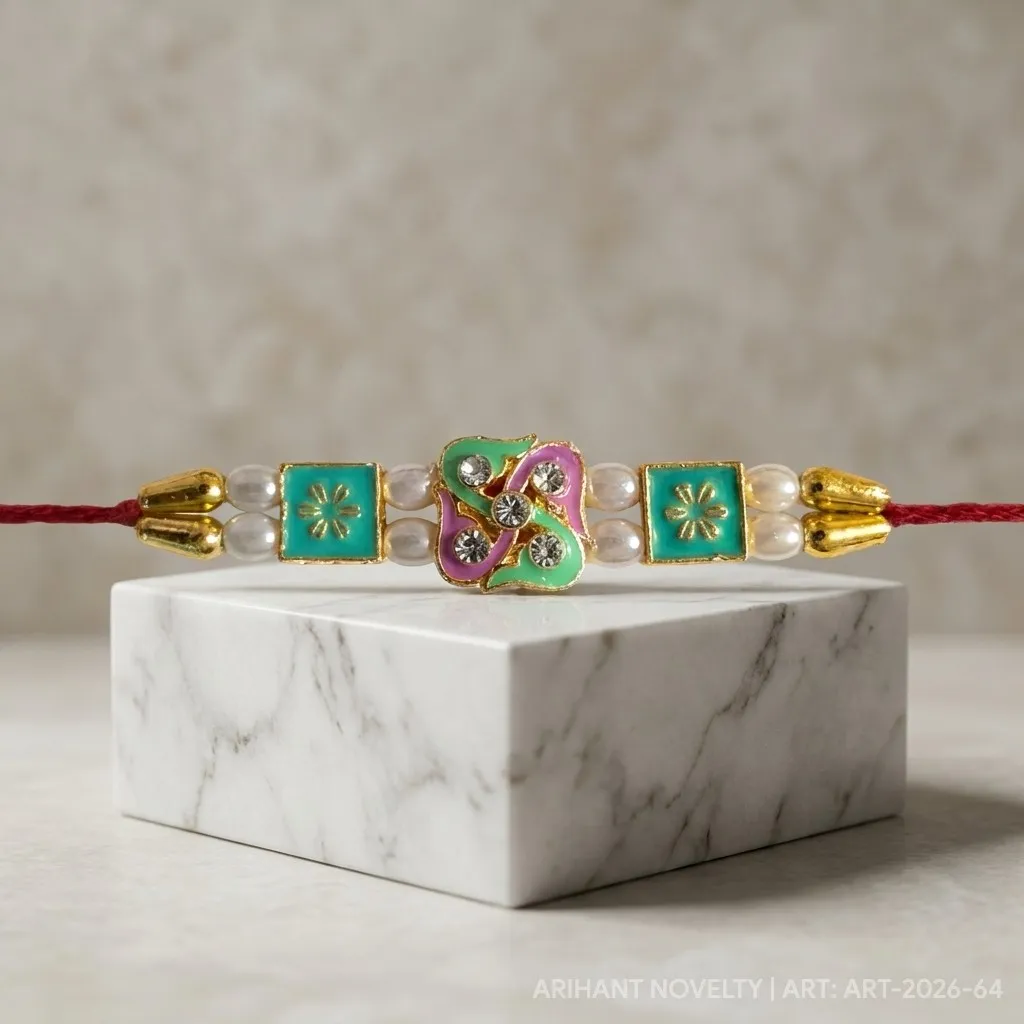 Teal OM Meenakari Pearl – handmade Traditional rakhi from Bikaner by Arihant Novelty