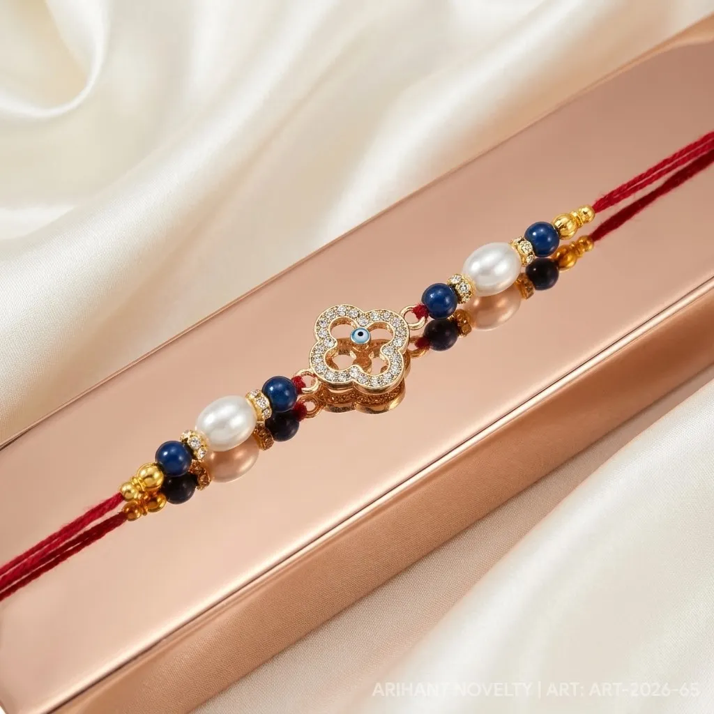 Clover Eye Nazar Pearl Rakhi – handmade Evil Eye rakhi from Bikaner by Arihant Novelty