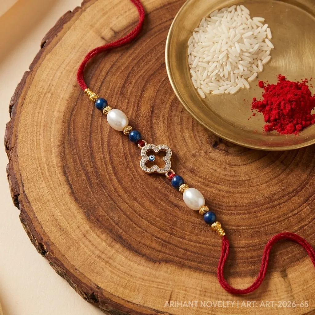 Clover Eye Nazar Pearl Rakhi – handmade Evil Eye rakhi from Bikaner by Arihant Novelty