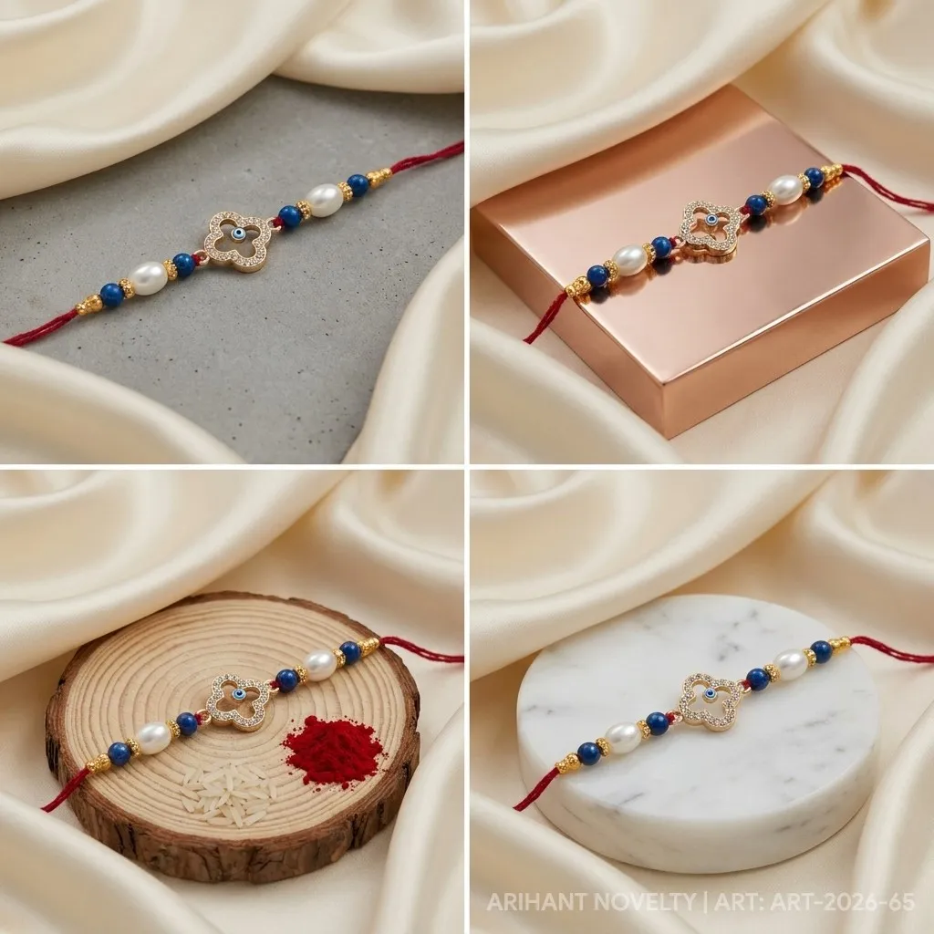 Clover Eye Nazar Pearl Rakhi – handmade Evil Eye rakhi from Bikaner by Arihant Novelty