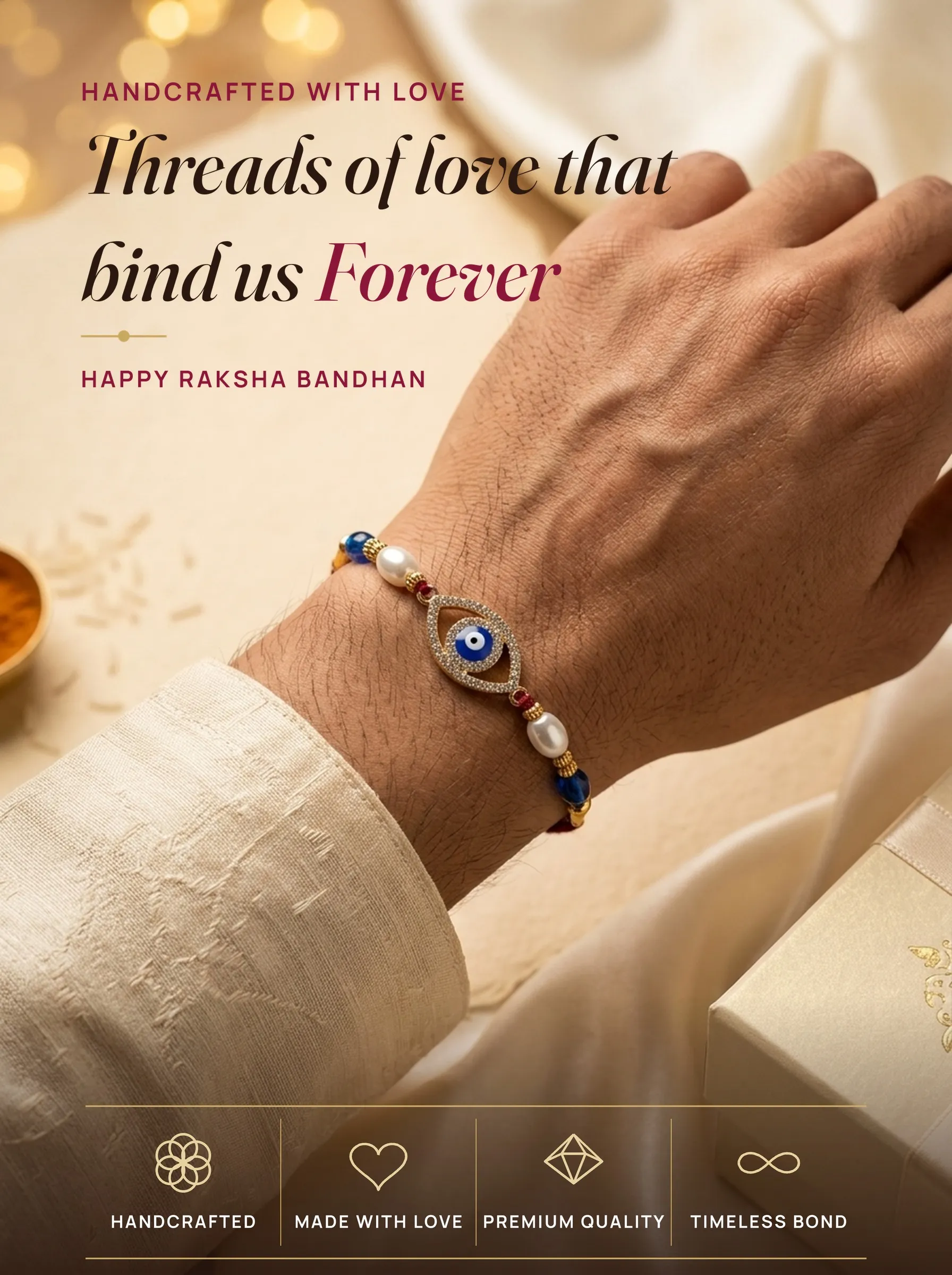 Diamond Pavé Evil Eye Almond – handmade Evil Eye rakhi from Bikaner by Arihant Novelty