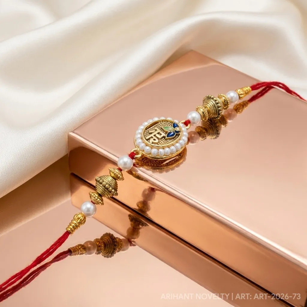 Gold Inscription Pearl Disc – handmade Traditional rakhi from Bikaner by Arihant Novelty