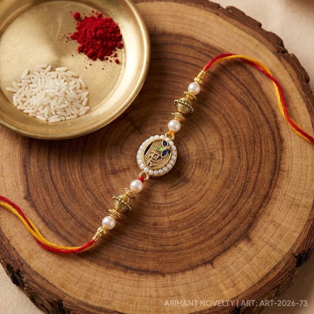 Gold Inscription Pearl Disc – handmade Traditional rakhi from Bikaner by Arihant Novelty