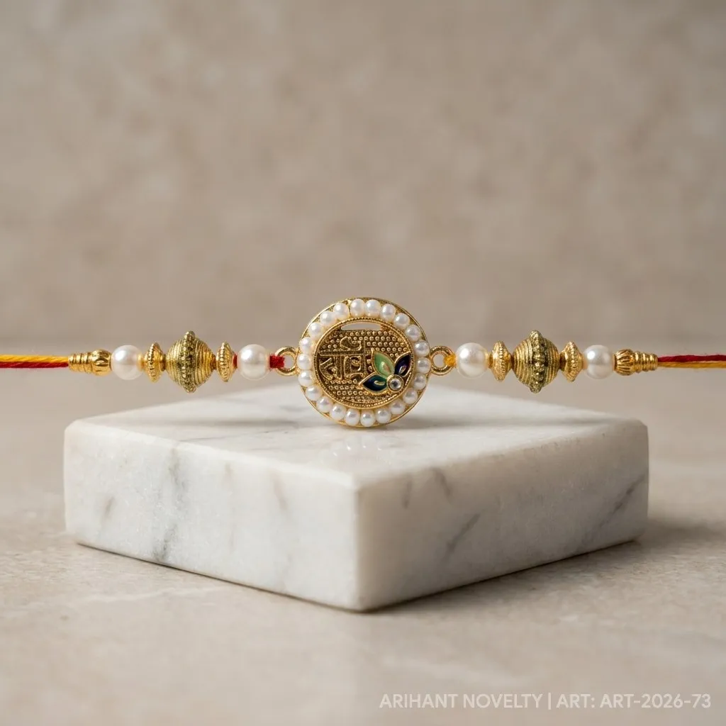 Gold Inscription Pearl Disc – handmade Traditional rakhi from Bikaner by Arihant Novelty